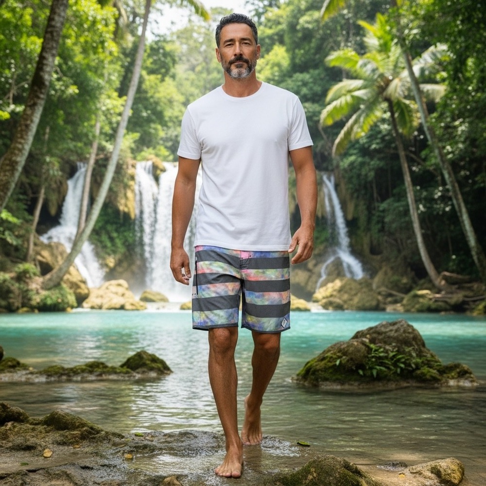 Roark Revival Mens Gray Multi Watercolor Striped Board Shorts Sz  34 Swim Trunks